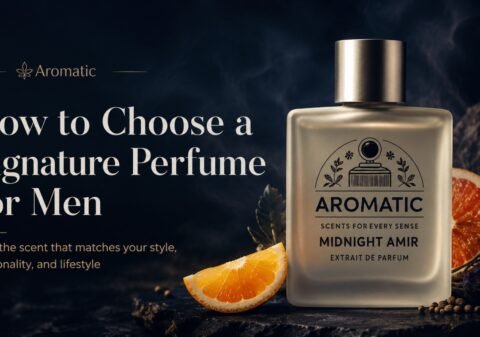 Midnight Amir by Aromatic perfume bottle with citrus and lavender, featured in a guide on how to choose a signature perfume for men.